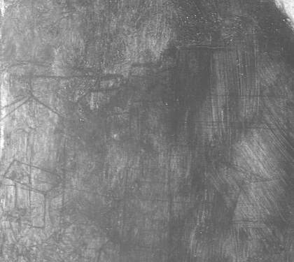 A greyscale images shows even more details of the outlines, that look like drawings of houses