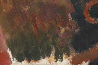 Detail of fig.7 from the centre of the lower edge of the canvas. Various colours of paint and the exposed ground layer at the edge, without paint.