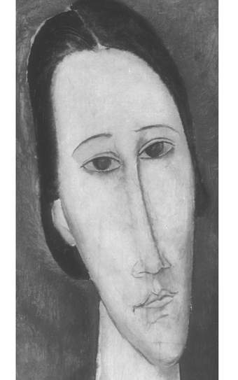 Two images side-by-side showing the same detail of the face, one in full colour and one in greyscale, the latter revealing lines below the paint unrelated to the final image, especially around the mouth