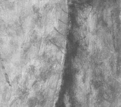 Close detail in greyscale showing spiky pencil lines across the figure’s torso that seem unrelated to the painting of the figure