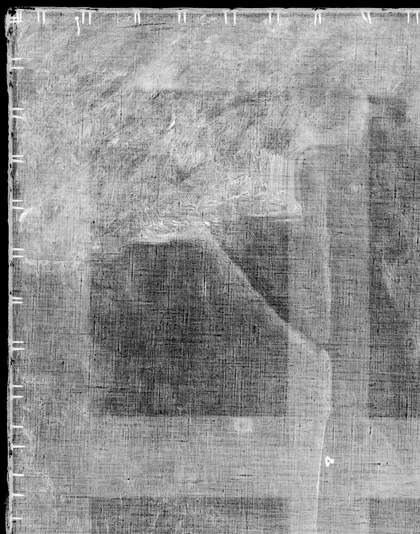 Detail of fig.3 x-radiograph image showing a patch of paint marks showing up as a whiter area