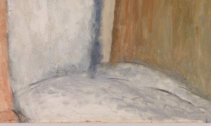 Detail showing pale blue-grey fabric (Hébuterne seated on the ground with legs folded beneath her) and the edge of the canvas