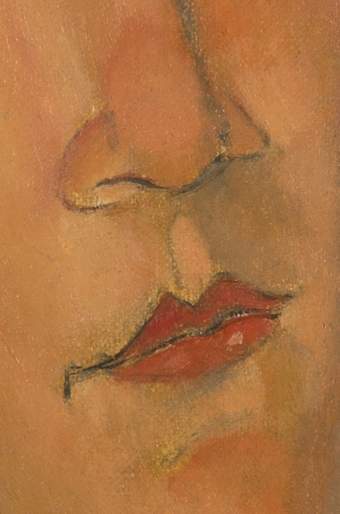 Detail of the nose and mouth in full colour showing a matte quality to the skin