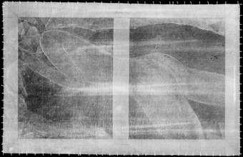 X-radiograph image of fig.8 showing sweeping strokes across the canvas that show up here as white horizontal lines