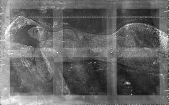 X-radiograph image of fig.7 showing faint, curving, vertical white bands sweeping across the canvas, top to bottom