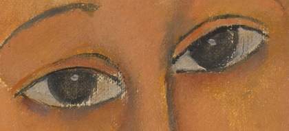 Fig.17a is a detail of the eyes; b and c are very close up (photomicrographs) of small areas of each eye, showing the dark iris, dark outline and dab of highlighting white