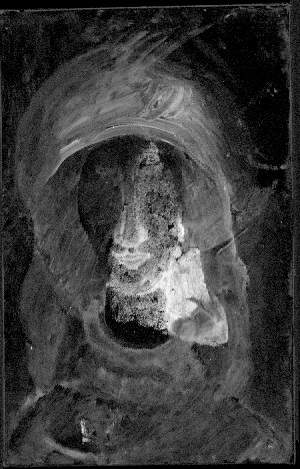 Zinc distribution map image of fig.8 shows a bright triangular area at the centre of the portrait around the face