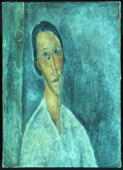 The full painting in UV light which makes it appear luminous cyan like a tropical lagoon. This method reveals the varnish and shows where it has pooled in the texture of the paint.