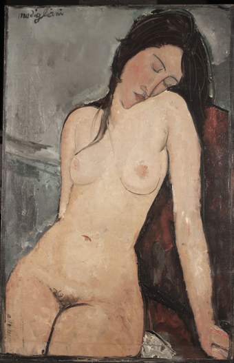 Female nude showing upper thigh upwards. Pale white and pink skin, slightly darker on the face with rosy cheeks and long dark hair. She props herself up on an extended arm, her head tilted down and sideways to rest on her shoulder, eyes closed.