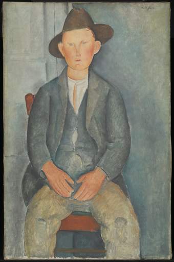 Three-quarter-portrait of a young man sitting straight-on in a red chair, hands in lap, small facial features and a serious look on his face with red cheeks. He wears a crumpled blue waistcoat and jacket, and a brown hat.