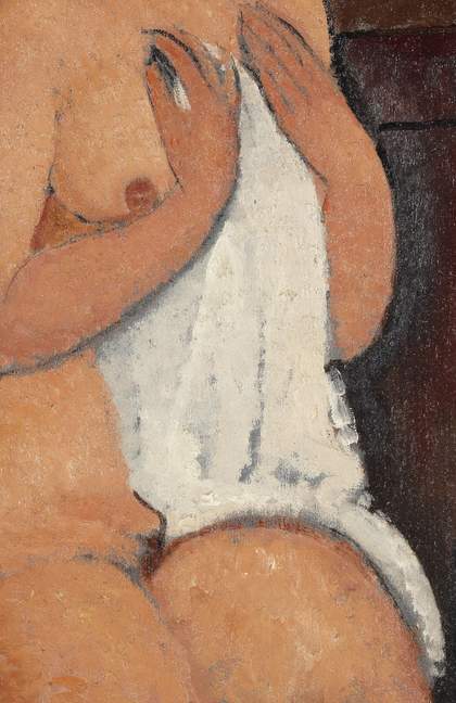 Two details of fig.6, the face, and the covering white shirt, showing small areas where the artist has left the ground layer unpainted