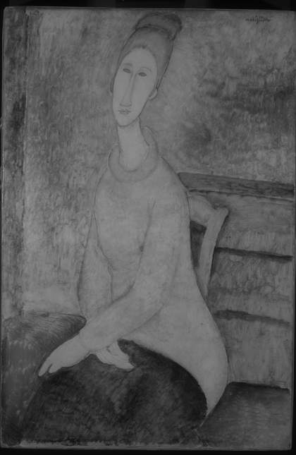 Infrared reflectogram image of fig.7, fine drawn lines visible at the face, neck, jumper and hands