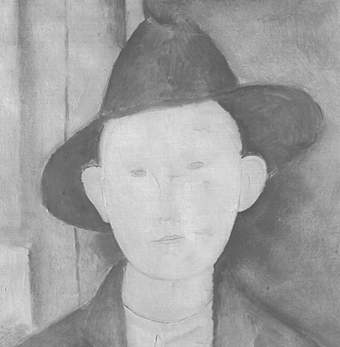 Greyscale image, detail of the face revealing the clear, certain lines of the drawing beneath the paint