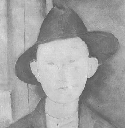 Greyscale image, detail of the face revealing the clear, certain lines of the drawing beneath the paint