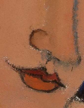 Close-up detail of the lips and nose. Lips are orange red with a dark outline. The outline of the nose is blurred with a blue-grey tone