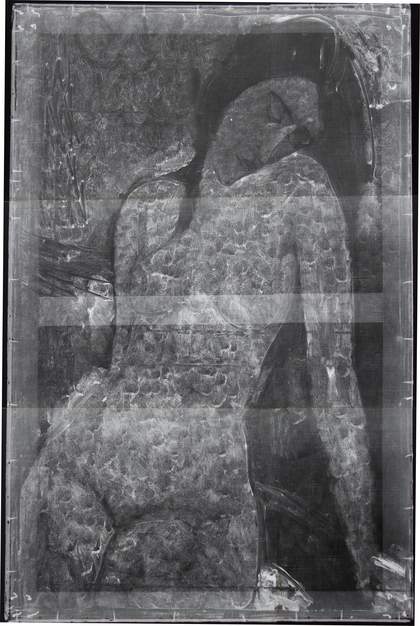X-radiograph image of fig.1 showing fan-shaped white areas indicating dabbed and splayed brushwork across the whole canvas