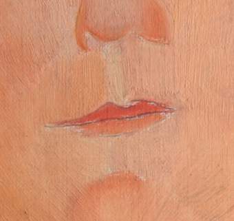 The lips are simply painted with single layer of dark red for the top lip and paler red for the lower lip, with a dark outline painted over the colour