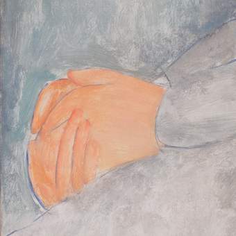 A close-up detail of the hands clasped in the figure’s lap, shown in visible light
