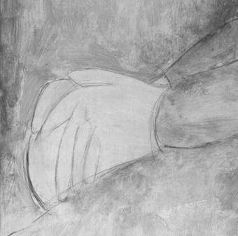 A close-up infrared reflectogram detail of the hands clasped in the figure’s lap, showing the geometric lines of the underdrawing