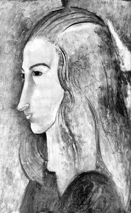 Infrared reflectogram image of fig.9 showing layers of underdrawing including possibly charcoal, then sketchy straight lines and then the long curving strokes of the hair. Some lines were then reinforced with black paint.