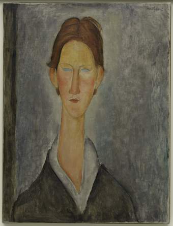 Portrait of a figure with short red hair, red cheeks, small mouth with a slight moustache, dark clothing and a light collar. Elongated neck, head and nose with greyed out eyes. Grey-blue roughly painted wall directly behind