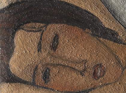 Detail of the face. Raking light shows the texture of the paint, with evidence of spatula application, polishing, scraping and blending