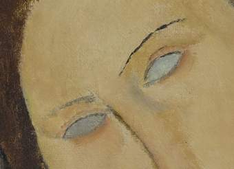 Detail (of the portrait shown in full as fig.6) of the dark red hair, part of the face, greyed-out eyes, fine eyebrows and top of the elongated nose, with areas that appear like shadows in the skin tones