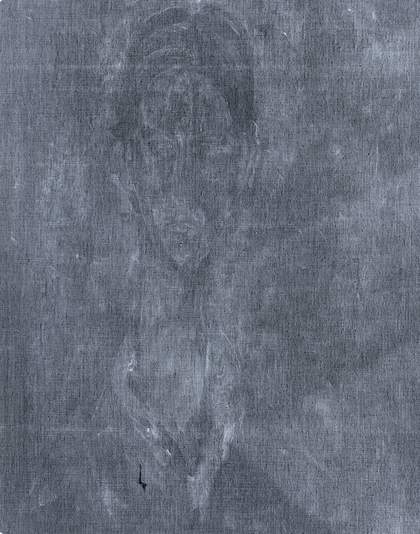 Dark greyscale image shows the figure only very faintly