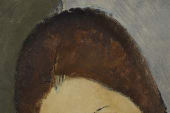 Detail (of the portrait shown in full as fig.6) of the dark red hair on top of the head, blending to black at the crown, and showing the black hatching at the hairline, where the hair meets the forehead