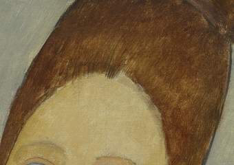 Close-up detail of ‘Jeanne Hébuterne with Yellow Sweater’ showing the black hatching at the hairline