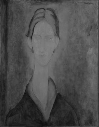 Greyscale image revealing fine drawing delineating the contours of the face, lips, eyes and neck
