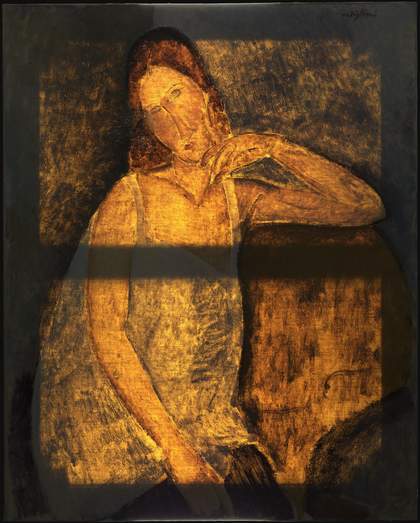 Transmitted light photograph revealing how thinly the picture was painted, and how much of the white ground is exposed throughout the composition