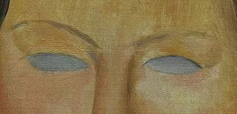 Detail of the nose and eyes, blocked out in a solid blue-grey tone with darker outline, very fine eyebrows and shading around the bridge of the nose