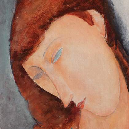 Close-up detail of the face and hair in normal light, showing the smooth finish of the skin on the face, especially the expanse of cheek with the figure’s head turn to their right and downwards
