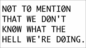Black text in large capital letters on a white background that reads: NOT TO MENTION THAT WE DON’T KNOW WHAT THE HELL WE’RE DOING.
