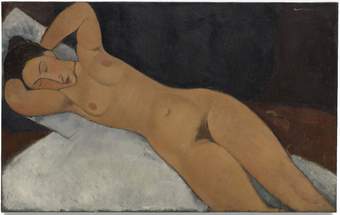 Reclining nude. She lies so her body creates a diagonal across the canvas top-left to bottom-right. Head rests on a pillow with hands behind her head. Her skin is a warm orange colour, hair dark. She lies on pale grey and red bedclothes.