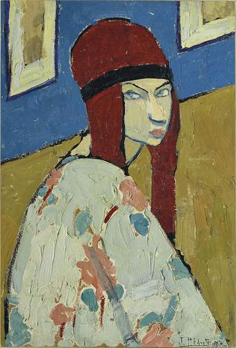 Three-quarter portrait. Figure appears seated with slightly slouched shoulders, the head turning to face the viewer with a slight scowl and pursed lips. Dark red hair with a black ribbon across the forehead. Floral patterned clothing.