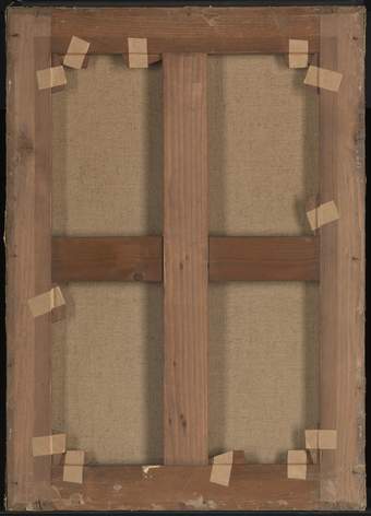 The reverse of the painting, showing the reverse of the canvas and a wooden frame with horizontal and vertical supports