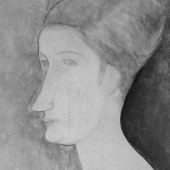 Detail of the face in profile showing lightly traced outlines of irises underneath the blank pale blue-grey eyes of the final composition