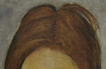 Detail of the top of the head, showing the parting of the hair, the rough, scraped texture and highlights, and a whisp of hair sitting slightly above the crown of the head