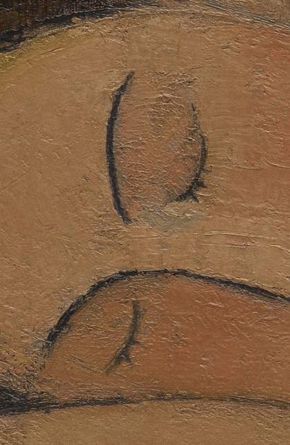 Close-up of the face, lying down, facing the viewer with eyes closed. Both eyes defined by two curved black lines plus a few short strokes for the eyelashes. A similar black line for the brows, one of which extends to outline the nose.