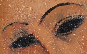 Three details showing the eyes as pools of black and a hint of eyelashes, made with flicks of the brush using the wet black paint from the edges of the eye