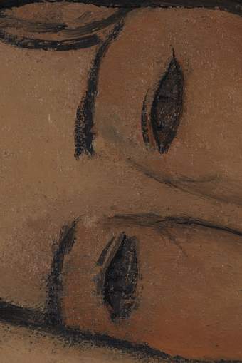 Detail of the eyes, painted wet-in-wet on top of the flesh tones, with quick thin strokes of black and blue paints that blend with one another, resulting in a brownish grey colour