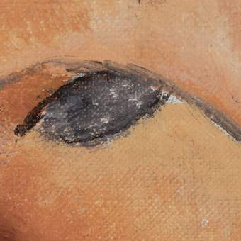 Detail of the eyes, brow and nose. A thin line roughly outlines the eye, then filled in with a cool grey tone.