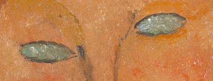 Detail of the sitter’s blue-grey almond-shaped eyes