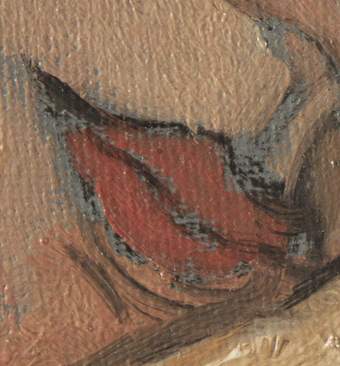 Detail of lips, orange-red colour outlined in black