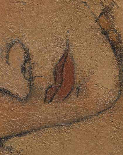 Detail of the lips, deep red with black outline prominent around the upper lip and further black lines delineating the fold of the chin