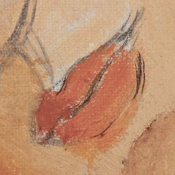Lips delineated by a fine line of dilute black paint on the white ground layer. A deeper red tone was applied on the upper lip and to indicate a shadow on the lower lip.