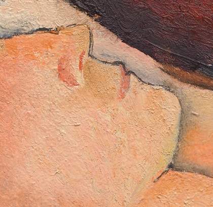 Detail of the lips in profile with fine black outline. They are painted with the same rosy hue that highlights the figure’s eyelid and cheekbone.