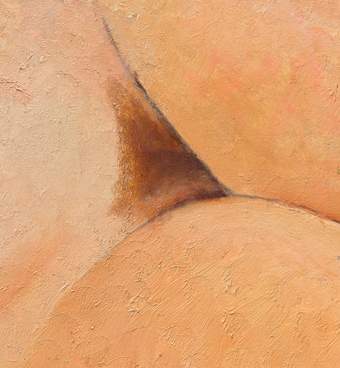 Pubic hair painted over the flesh and the underarm hair is depicted in burnt umber partly mixed in with flesh-tone paint